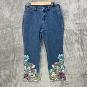 Soft Surroundings Women's Size 8‎ Nevaeh Floral Beaded  Cropped Denim Jeans Boho